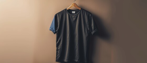 A stylish T-shirt mockup hanging on a hanger, set against a plain background.