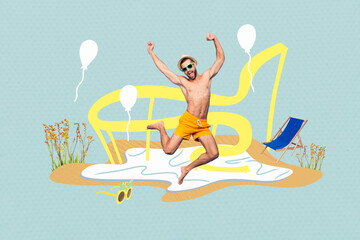 Poster - Composite photo collage of excited happy man jump wear swim shorts summer vacation lounger beach flowers isolated on painted background