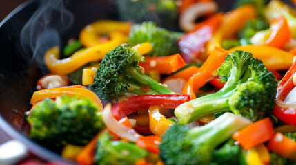 Wall Mural - Close-up of vegetable stir-fry in wok bell peppers broccoli carrots