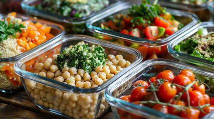 Wall Mural - Glass containers with colorful salads including quinoa chickpeas cherry tomatoes and mixed greens