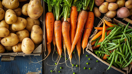 Poster - Fresh produce from local market carrots potatoes green beans rustic table