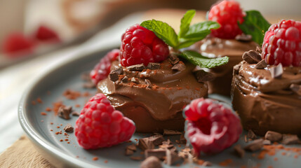 Wall Mural - Vegan chocolate mousse made from avocado cacao powder maple syrup topped with raspberries mint sprig