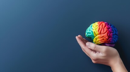 Hands holding a colorful brain model on a blue background representing creativity, intelligence, and learning. Mental health, , neurology, neuroscience and human anatomy concept.