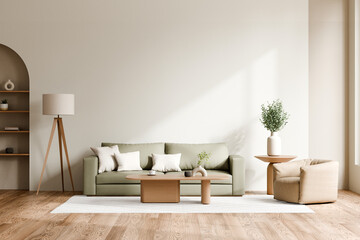 Modern minimalist living room featuring a sage green sofa, a beige armchair, a wooden coffee table, a plant, a standing lamp, a rug, and wooden flooring, bathed in natural light. 3d render.