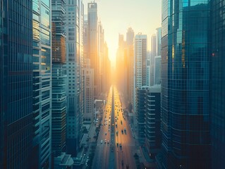 Poster - Bustling Downtown Cityscape at Sunrise with Towering Skyscrapers and Busy Streets