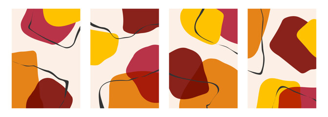 Poster - Autumn theme colors. Abstract backgrounds with various curved bright colored shapes and black bent lines for Fall season creative graphic design. Vector illustration.