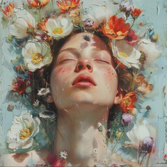 Wall Mural - A woman is wearing a flower crown and is in a pool