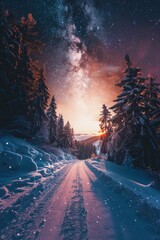 Trees With Snow. Majestic Winter Road under Colorful Sunrise with Milky Way in Epic Galaxy Sky