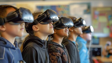 Poster - students explore a captivating virtual world with vr headsets, enhancing their learning together.