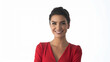 © Endra - portrait of a professional woman TV news presenter short hair wearing red dressed elegantly formal on a white background AI Generate