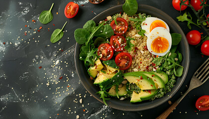 Wall Mural - Diet menu. Healthy salad of fresh vegetables - tomatoes, avocado, arugula, egg, spinach and quinoa on a bowl. Flat lay. Top view