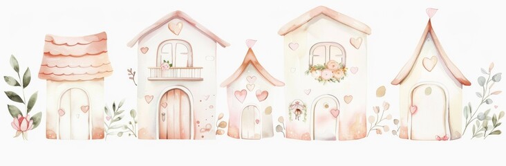 Watercolor Row of Cute Houses with Hearts and Flowers