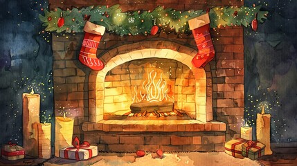 Canvas Print - A fireplace with a mantle and a pair of red stockings hanging from it