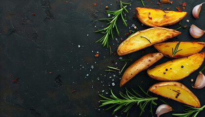 Wall Mural - Ruddy Baked potato wedges with rosemary and garlic on a dark background. Flat lay. Top view