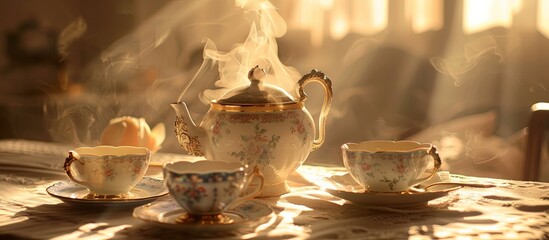 Poster - A tea set with a teapot and three cups on a table