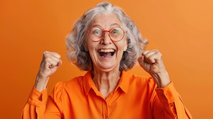 The elderly woman celebrating happiness