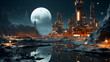 © Aditya - A futuristic city on a desolate, rocky planet, lit by the warm glow of its lights. A large moon hangs in the sky, reflecting in the water below.