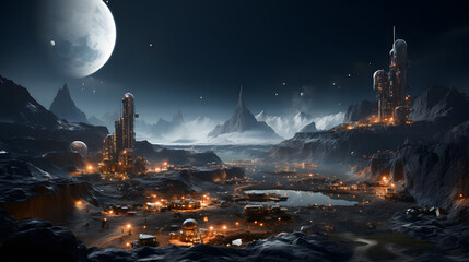 A futuristic city is nestled within the rocky landscape of a foreign planet. The buildings are lit by warm, glowing lights, while a large moon and stars illuminate the night sky.