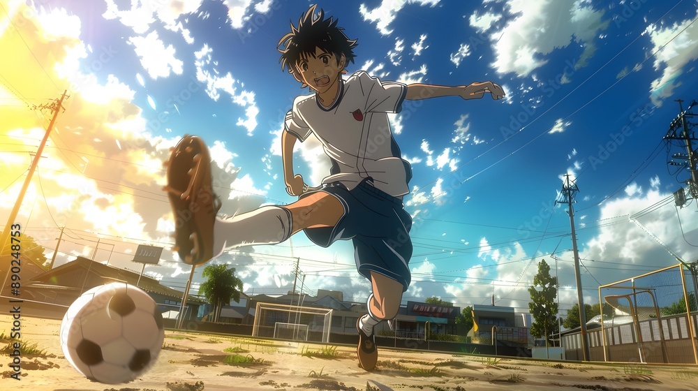 determined anime boy playing intense soccer match kicking ball sports ...