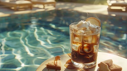 Poster - A glass of coffee with a cookie on top is sitting on a table by a pool