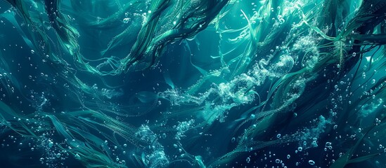 Canvas Print - A blue ocean with a lot of bubbles and seaweed