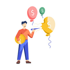 Sticker - Man popping flying balloons, deflation concept flat illustration 

