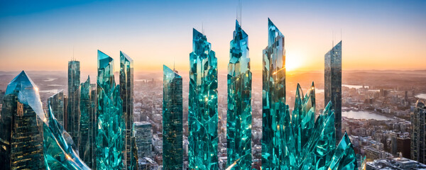 Majestic view of towering skyscrapers bathed in the warm glow of the rising sun. Glass facades show a range of colors.