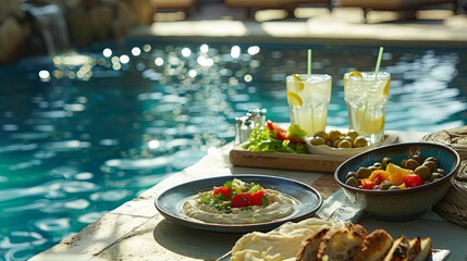 Poster - A table with food and drinks by a pool