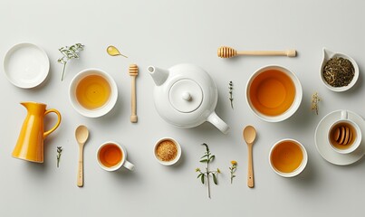 Poster - A white tea set with a teapot, cups, and spoons is displayed on a table