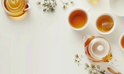 Wall Mural - A white background with a tea set and a jar of honey