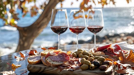 Poster - Three wine glasses are on a table with a variety of food, including olives