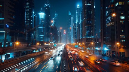 Canvas Print - Lively Nighttime City Skyline with Illuminated Skyscrapers and Busy Traffic Lanes