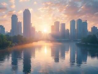 Poster - Dynamic Urban Skyline Reflected in Serene River at Sunrise