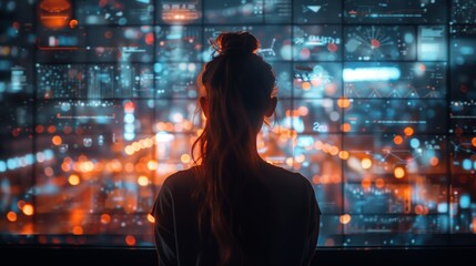 Poster - Woman Analyzing Data on Large Digital Screen. Woman analyzes complex data visualizations on a large digital screen in a dimly lit room, highlighting advanced data analytics.