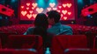© pornsawan - Young romantic loving couple kissing on the red chair in Cinema, relationships and lifestyle concept,bokeh pink heart in cinema,romantic spending time together,Relaxation movie concept.