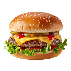 Highly realistic advertising photo of a juicy burger hamburger cheeseburger isolated on transparent background