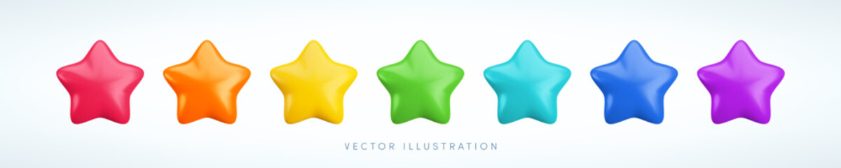 Wall Mural - vector cartoon 3d colorful star icons set. cute realistic 3d render, glossy metallic red, yellow, bl