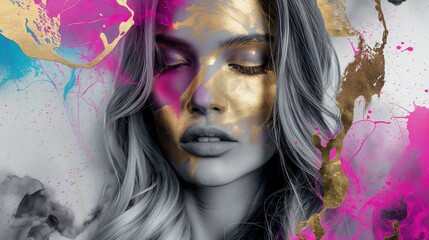 Sticker - Elegance in Duality: A Woman with Gold Leaf and Marble . Vibrant Ink Art Effects in Pink, Purple, Blue, Black, and White Transcend Reality .