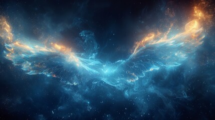 Abstract background with glowing blue light waves forming two symmetrical wings.