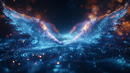 Abstract background with glowing blue light waves forming two symmetrical wings.