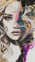 Poster - Ethereal Beauty: Half-Gilded Face with Marble and Alcohol Ink Majestically Blending Pink, Purple, Blue, Black, and White Hues