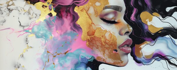 Wall Mural - Elegance in Duality: A Woman's Face with Gold Leaf and Colorful Alcohol Ink