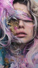 Canvas Print - Ethereal Beauty with Gold Leaf Detail Amidst Vibrant Alcohol Ink Colors . A Portrait Blending Marble Accents and Flowing Hair in a Dreamlike Setting .