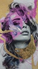 Wall Mural - Ethereal Portrait with Marble and Gold Accents, Ink Effects in Vivid Hues . Stunning Combination of Flowing Hair and Textured Layering .