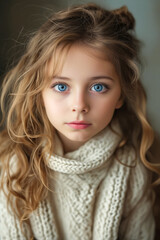 Sticker - A little girl with long blonde hair and blue eyes wearing a white sweater.