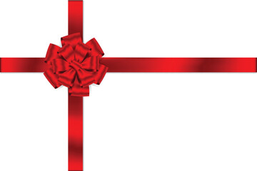 Poster - Red bow realistic with horizontal and Vertical cross ribbon place on white background.Red Flower bow ribbon shiny satin for decorate you wedding card, gift card or website Vector EPS10 with copy space