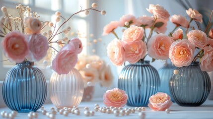 Poster - Pink Flowers in Blue Vases With Pearl Beads on a White Table