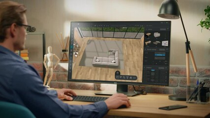 Poster - Male Interior Designer Using Professional 3D Modeling Software on a Computer to Create a Modern Living Room Layout with Sofa and a Table. Over the Shoulder Footage of a Creative Person at Work