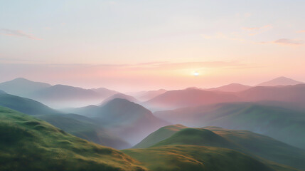 Wall Mural - Morning Mountain Landscape with Fog and Clouds