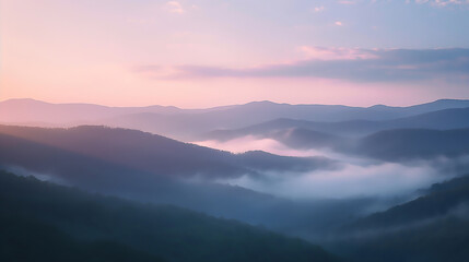 Wall Mural - Sunrise over misty mountains with a forested valley and a sky filled with clouds